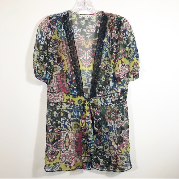 CAbi Tops - CAbi sheer paisley ruffle tie front kimono top. M